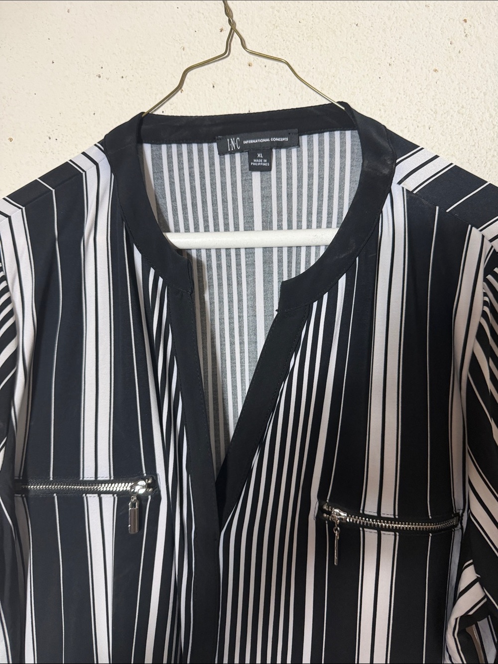 INC International Concepts  Black & White Striped Zip-Pocket Shirt NWT - Picture 2 of 5